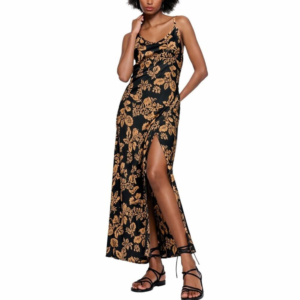 Zara Black Gold Floral Silky Wrap Maxi Dress Size XS